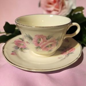 Vtg 40's Tea Coffee Cup Saucer Plate Edwin Knowles Peony Rose Pink Gold Trim